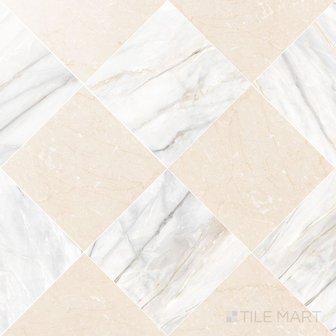 Palazzo 24x24 Checkerboard Polished Porcelain Tile in Calacatta and Crema