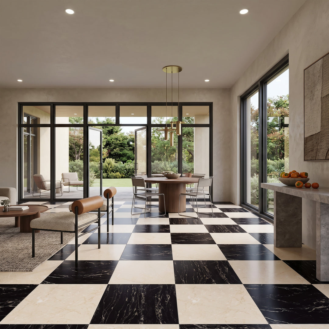 Palazzo 24x24 Checkerboard Polished Porcelain Tile in Crema and Nero