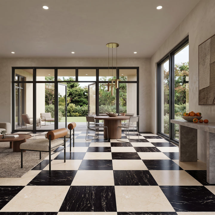 Palazzo 24x24 Checkerboard Polished Porcelain Tile in Crema and Nero