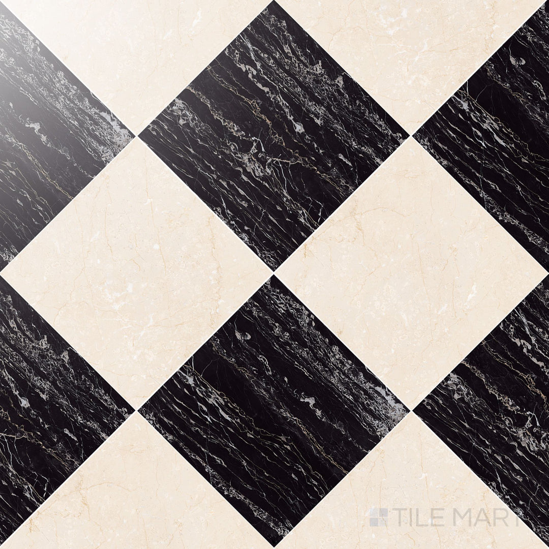 Palazzo 24x24 Checkerboard Polished Porcelain Tile in Crema and Nero