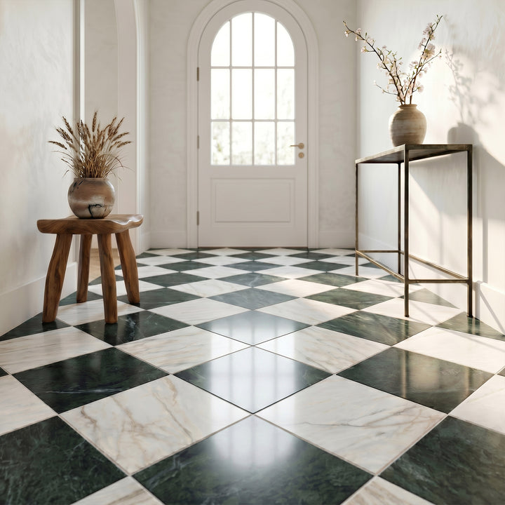 Palazzo 24x24 Checkerboard Polished Porcelain Tile in Verde and Calacatta