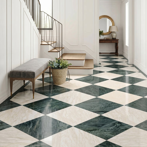 Palazzo 24x24 Checkerboard Polished Porcelain Tile in Verde and Crema