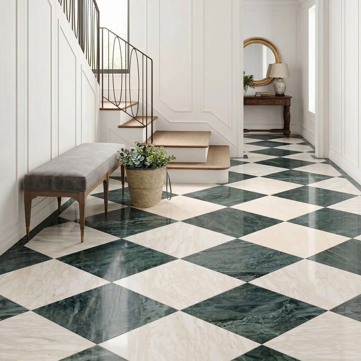 Palazzo 24x24 Checkerboard Polished Porcelain Tile in Verde and Crema