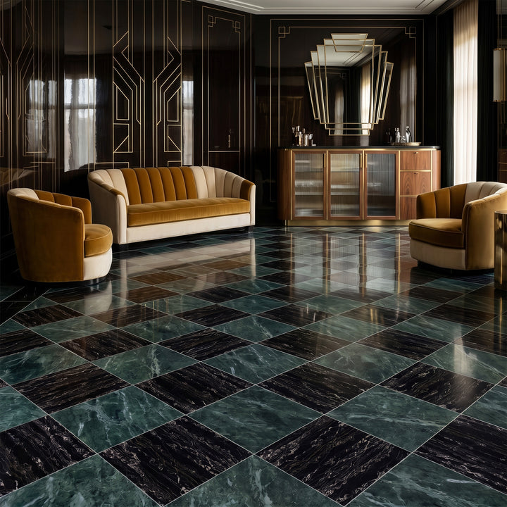Palazzo 24x24 Checkerboard Polished Porcelain Tile in Verde and Nero