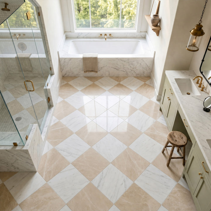 Palazzo 24x24 Checkerboard Polished Porcelain Tile in Luce and Crema