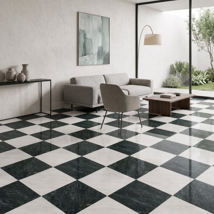 Palazzo 24x24 Checkerboard Polished Porcelain Tile in Luce and Verde