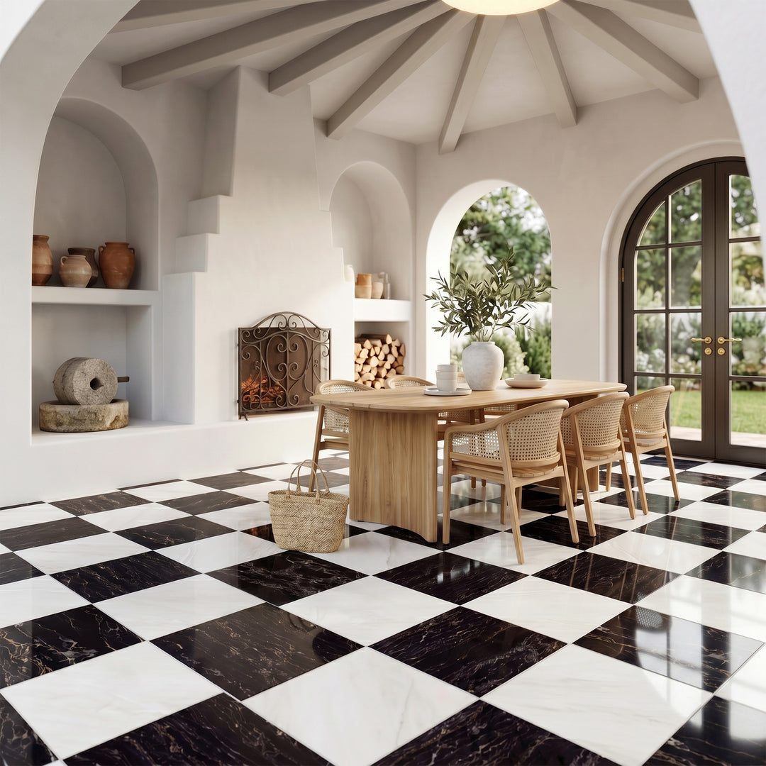 Palazzo 24x24 Checkerboard Polished Porcelain Tile in Luce and Nero