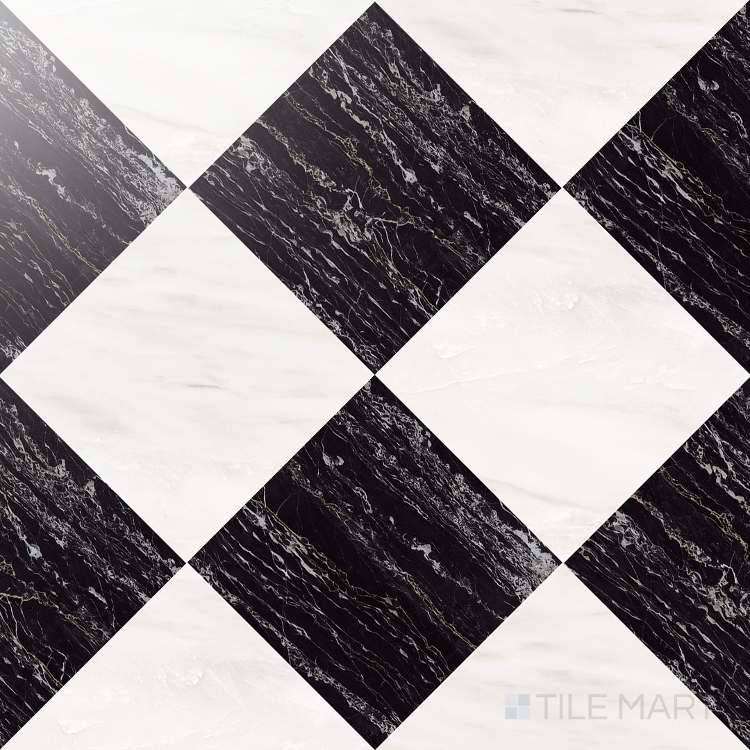 Palazzo 24x24 Checkerboard Polished Porcelain Tile in Luce and Nero