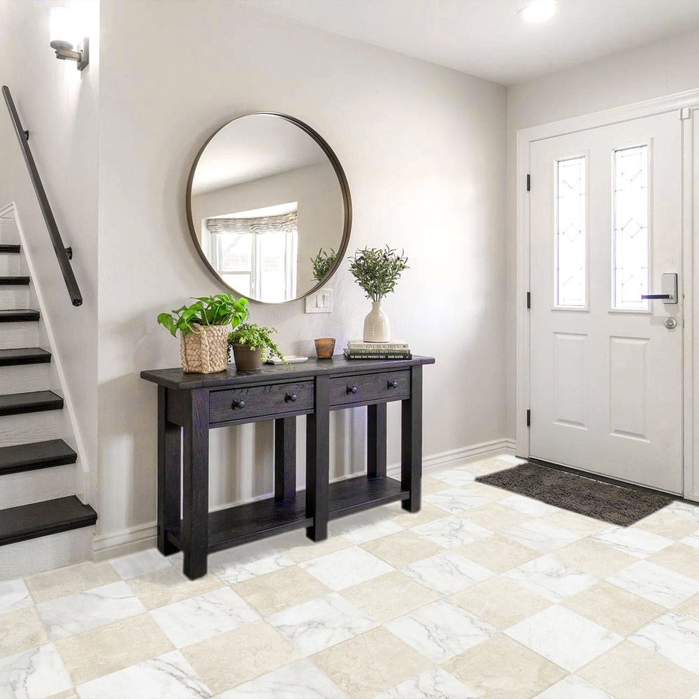 Parisian Chequer in Blanche and Creme brings refined, soft matte elegance to a checkerboard floor design.