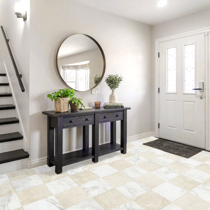 Parisian Chequer in Blanche and Creme brings refined, soft matte elegance to a checkerboard floor design.
