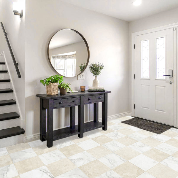 Parisian Chequer in Blanche and Creme brings refined, soft matte elegance to a checkerboard floor design.