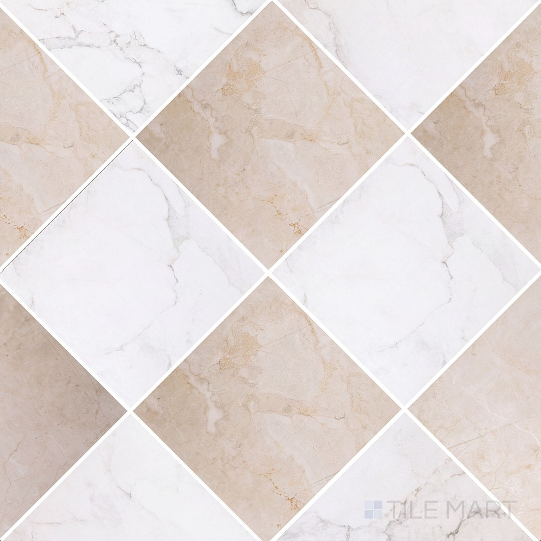 Alternate overview of Parisian Chequer checkerboard in Blanche and Creme, highlighting its refined rectified edges.