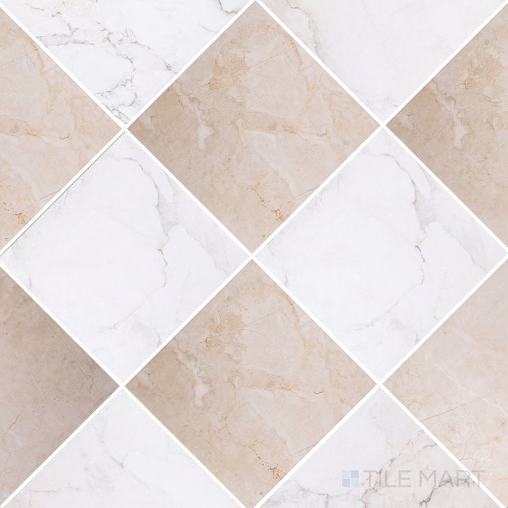 Alternate overview of Parisian Chequer checkerboard in Blanche and Creme, highlighting its refined rectified edges.