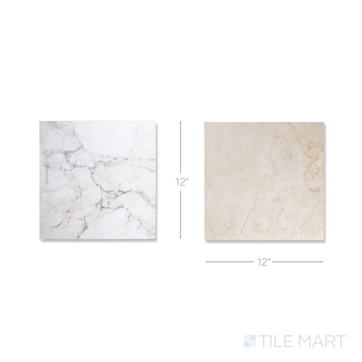 Top-down view of a single Parisian Chequer tile in Blanche and Creme, showing the smooth honed surface up close.