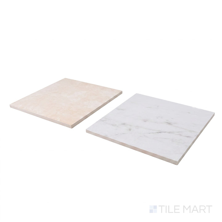 Corner shot of Parisian Chequer tile in Blanche and Creme, revealing its rectified edge and soft matte elegance.