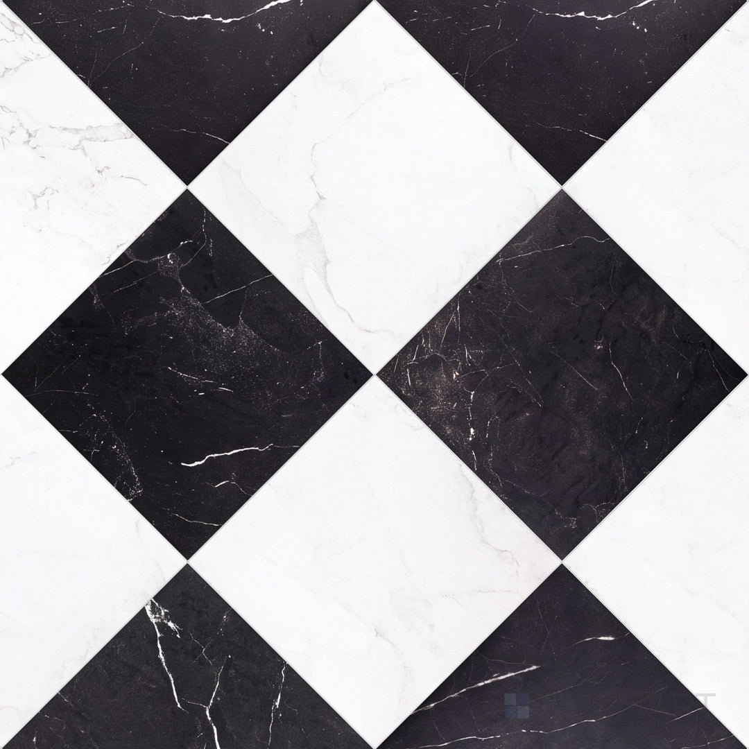 Alternate overview of Parisian Chequer checkerboard in Blanche and Noire, highlighting its refined rectified edges.