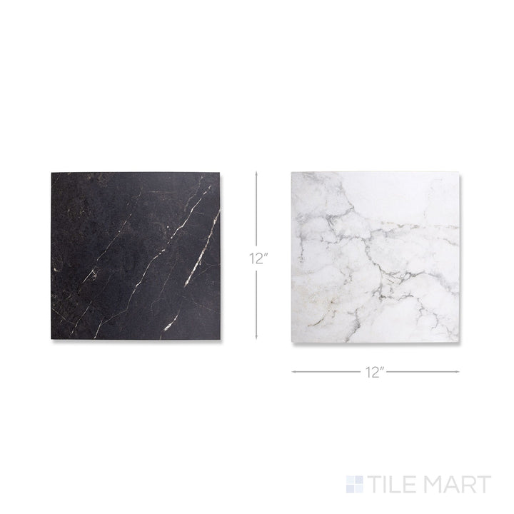 Bird's-eye view of a single Parisian Chequer tile in Blanche and Noire, showing the smooth honed surface up close.