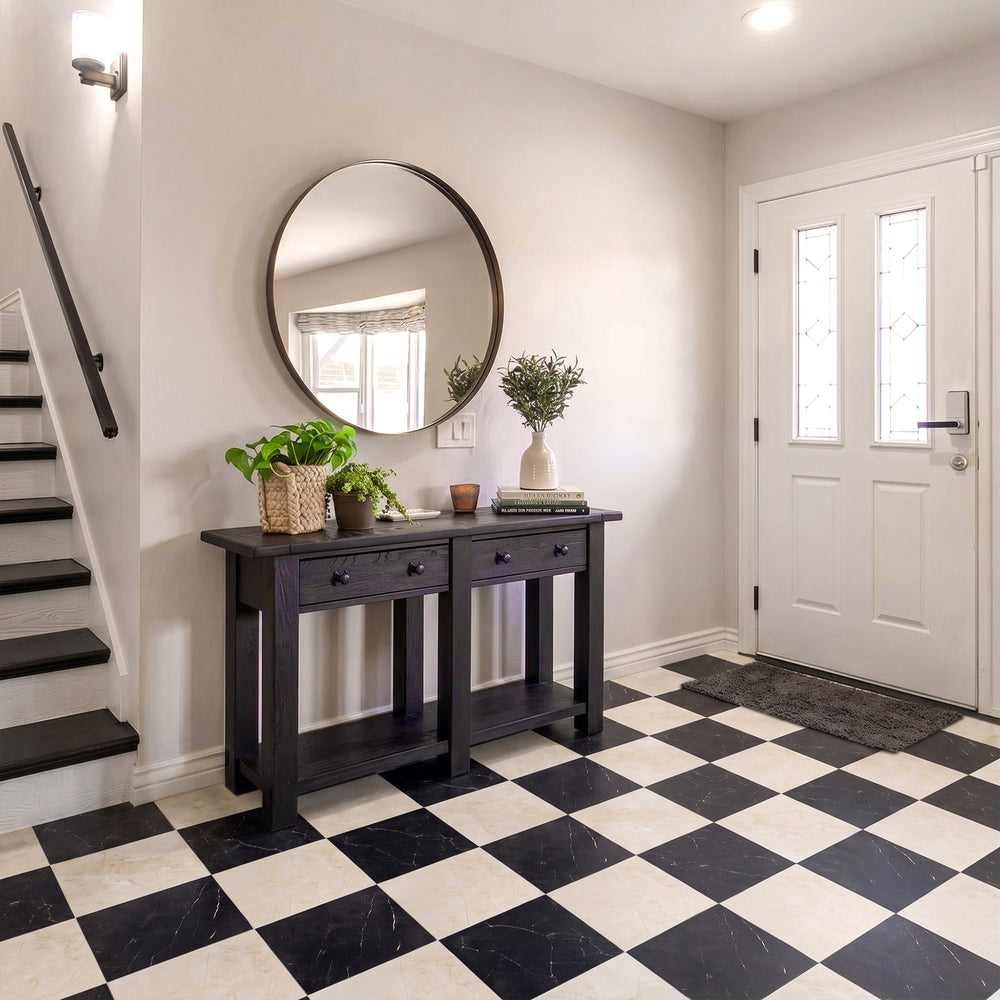 Parisian Chequer in Creme and Noire brings refined, soft matte elegance to a checkerboard floor design.