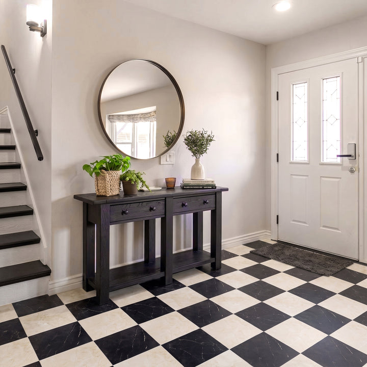 Parisian Chequer in Creme and Noire brings refined, soft matte elegance to a checkerboard floor design.