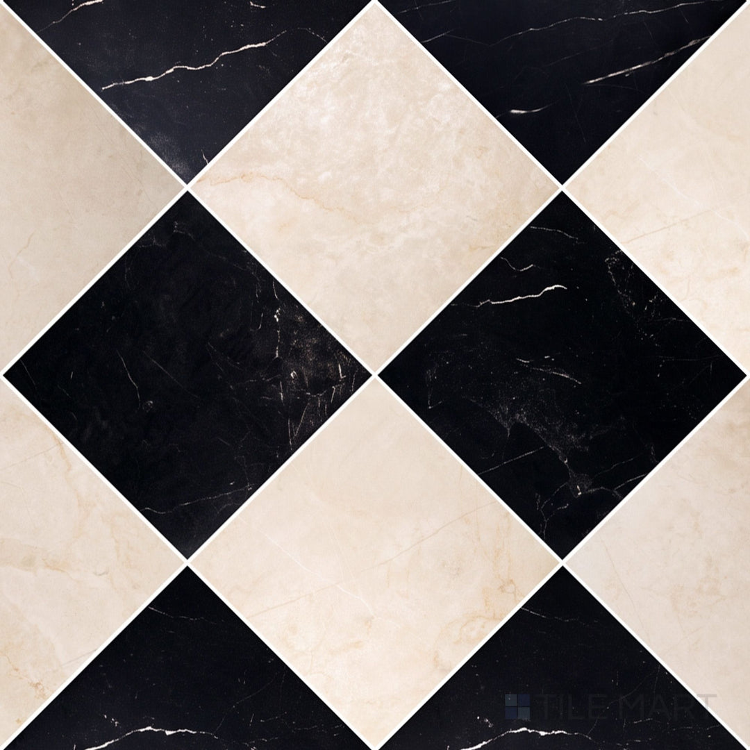 Alternate overview of Parisian Chequer checkerboard in Creme and Noire, highlighting its refined rectified edges.