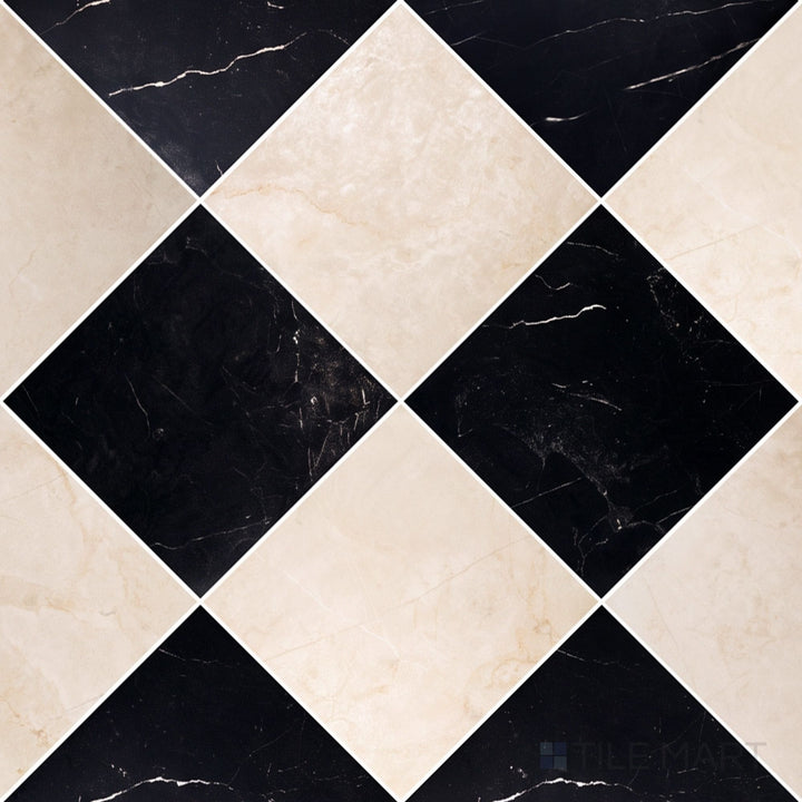 Alternate overview of Parisian Chequer checkerboard in Creme and Noire, highlighting its refined rectified edges.