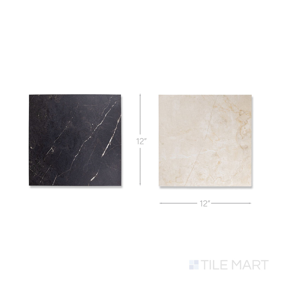 Flat lay of a single Parisian Chequer tile in Creme and Noire, showing the smooth honed surface up close.