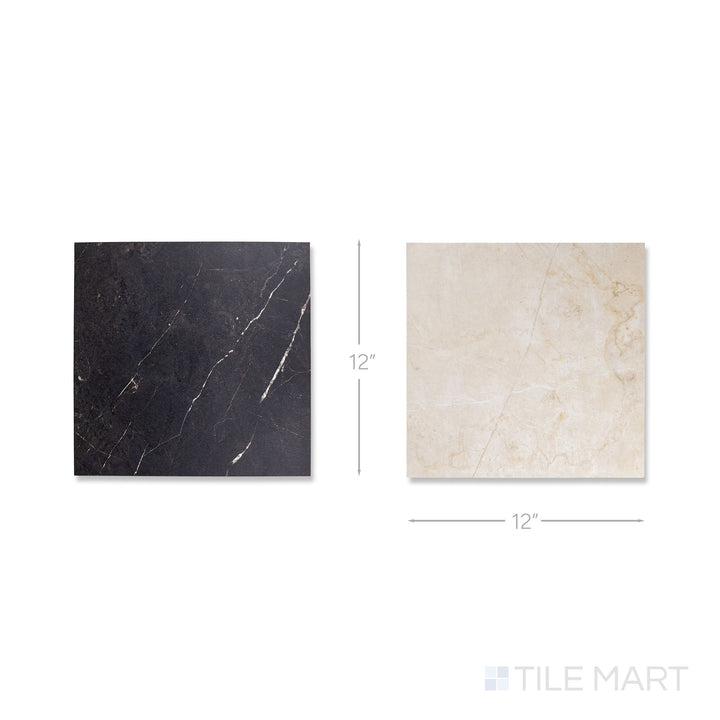 Flat lay of a single Parisian Chequer tile in Creme and Noire, showing the smooth honed surface up close.