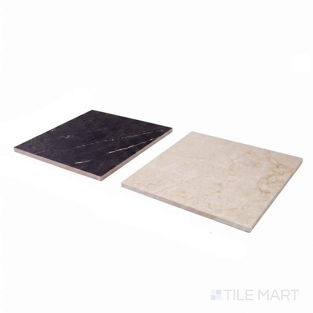 Corner shot of Parisian Chequer tile in Creme and Noire, revealing its rectified edge and soft matte elegance.