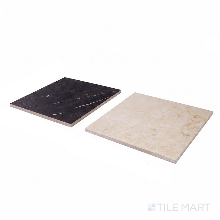 Corner shot of Parisian Chequer tile in Creme and Noire, revealing its rectified edge and soft matte elegance.
