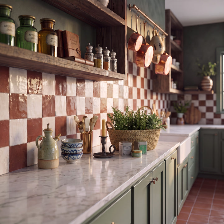 Zellige Classique in Atlas White and Al Hamra brings artisan glaze variation and vibrant color to a checkerboard wall.