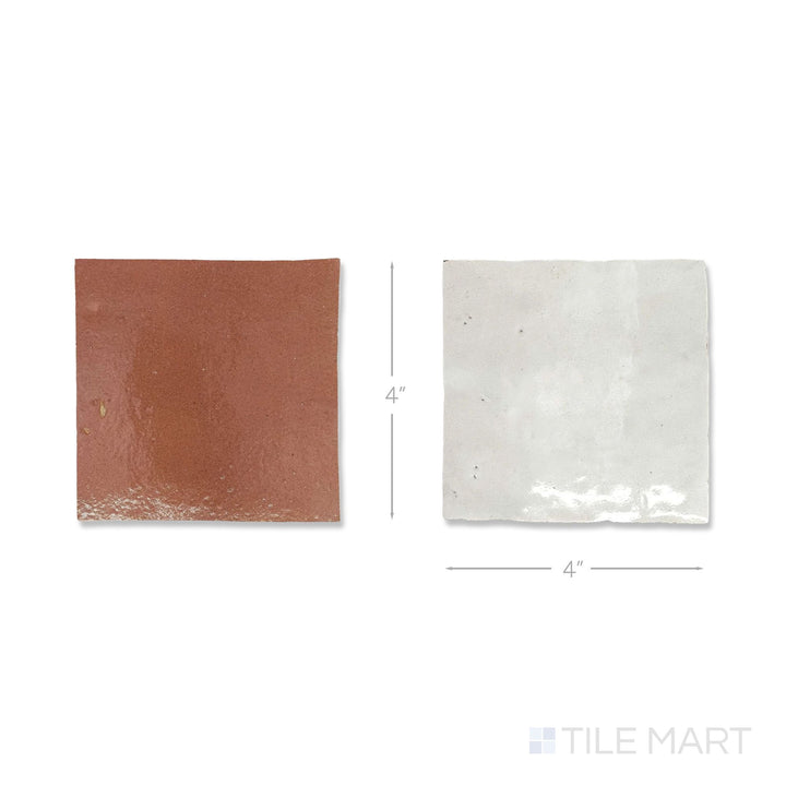 Overhead view of a single Zellige Classique tile in Atlas White and Al Hamra, showing the glossy hand cut glaze up close.