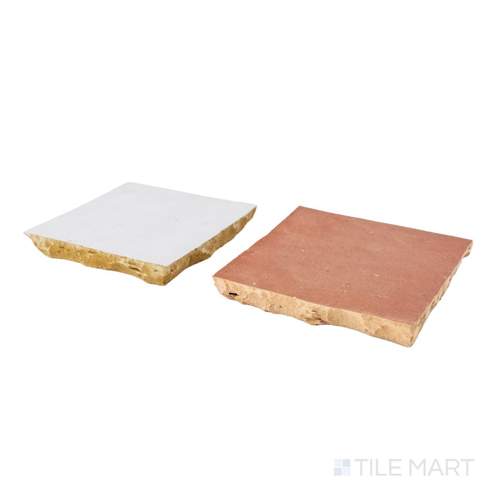Corner shot of Zellige Classique tile in Atlas White and Al Hamra, revealing its hand cut edge and light-catching glaze.