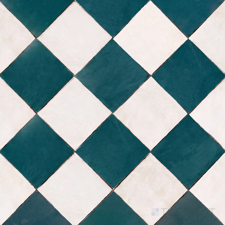 Alternate overview of Zellige Classique checkerboard in Atlas White and Blue City, highlighting its artisan glaze depth.