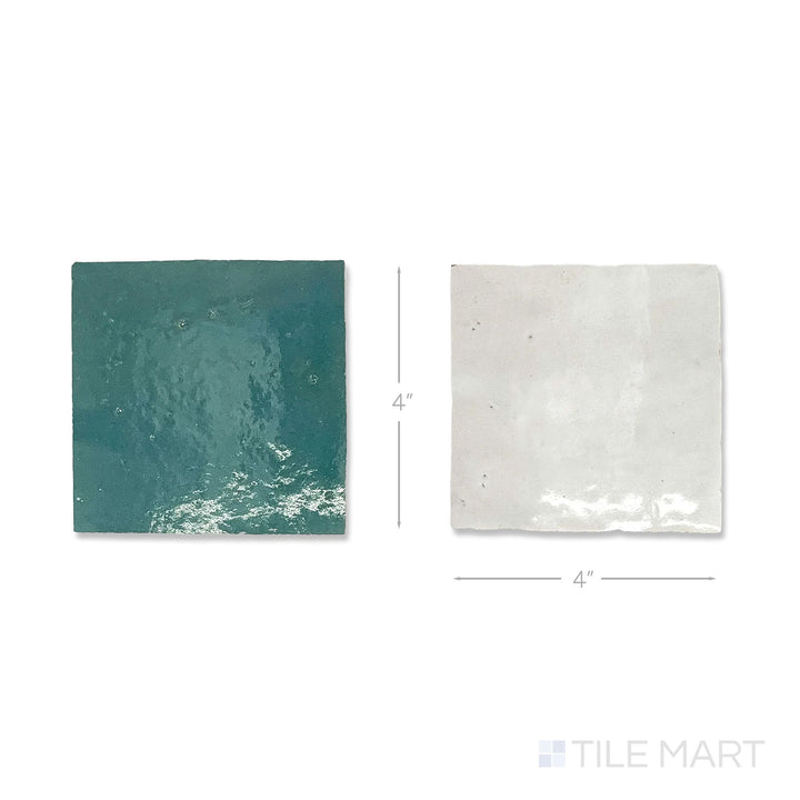 Top-down view of a single Zellige Classique tile in Atlas White and Blue City, showing the glossy hand cut glaze up close.
