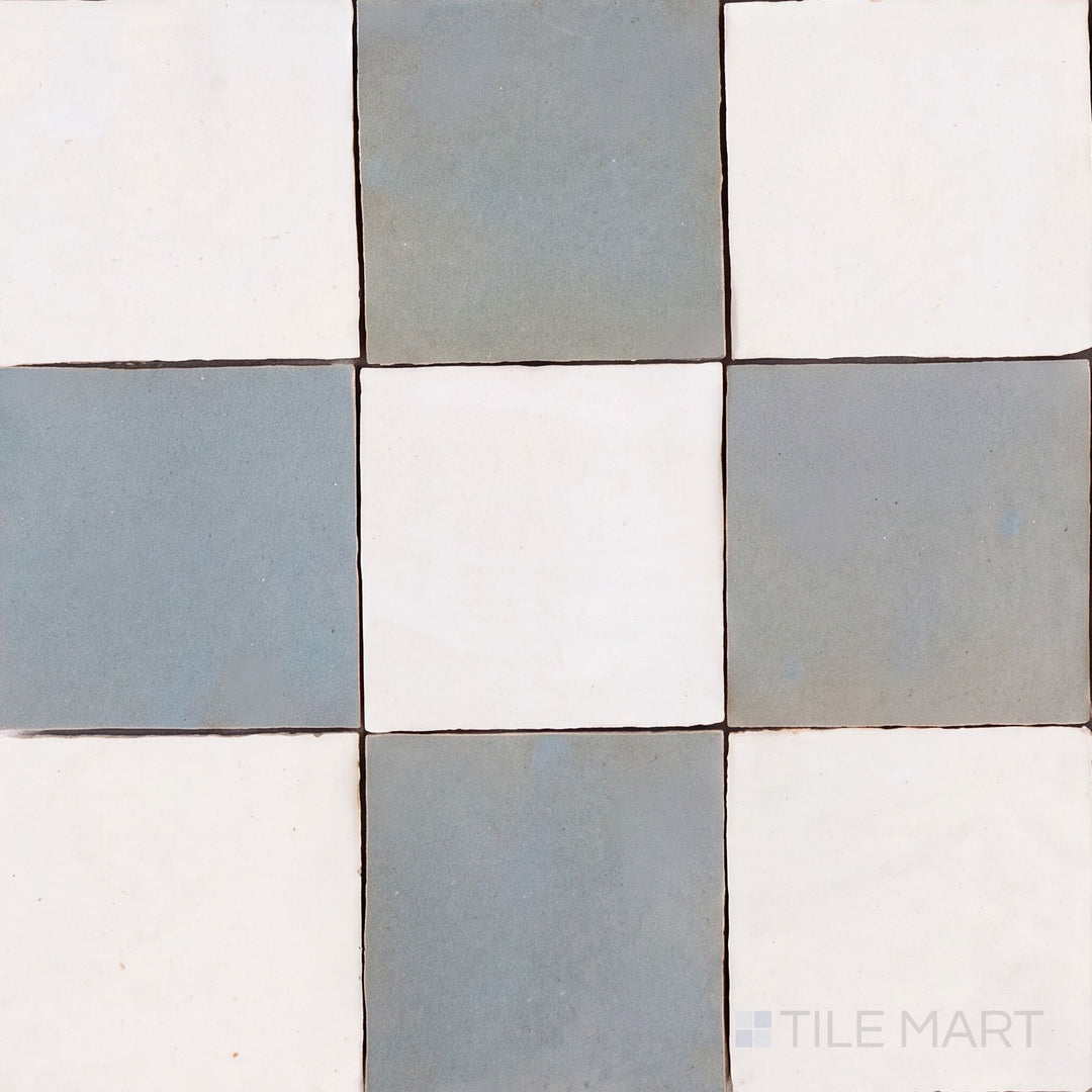 Overview of Zellige Classique 4x4 checkerboard in Atlas White and Gris Perle, showing its hand cut glaze variation.