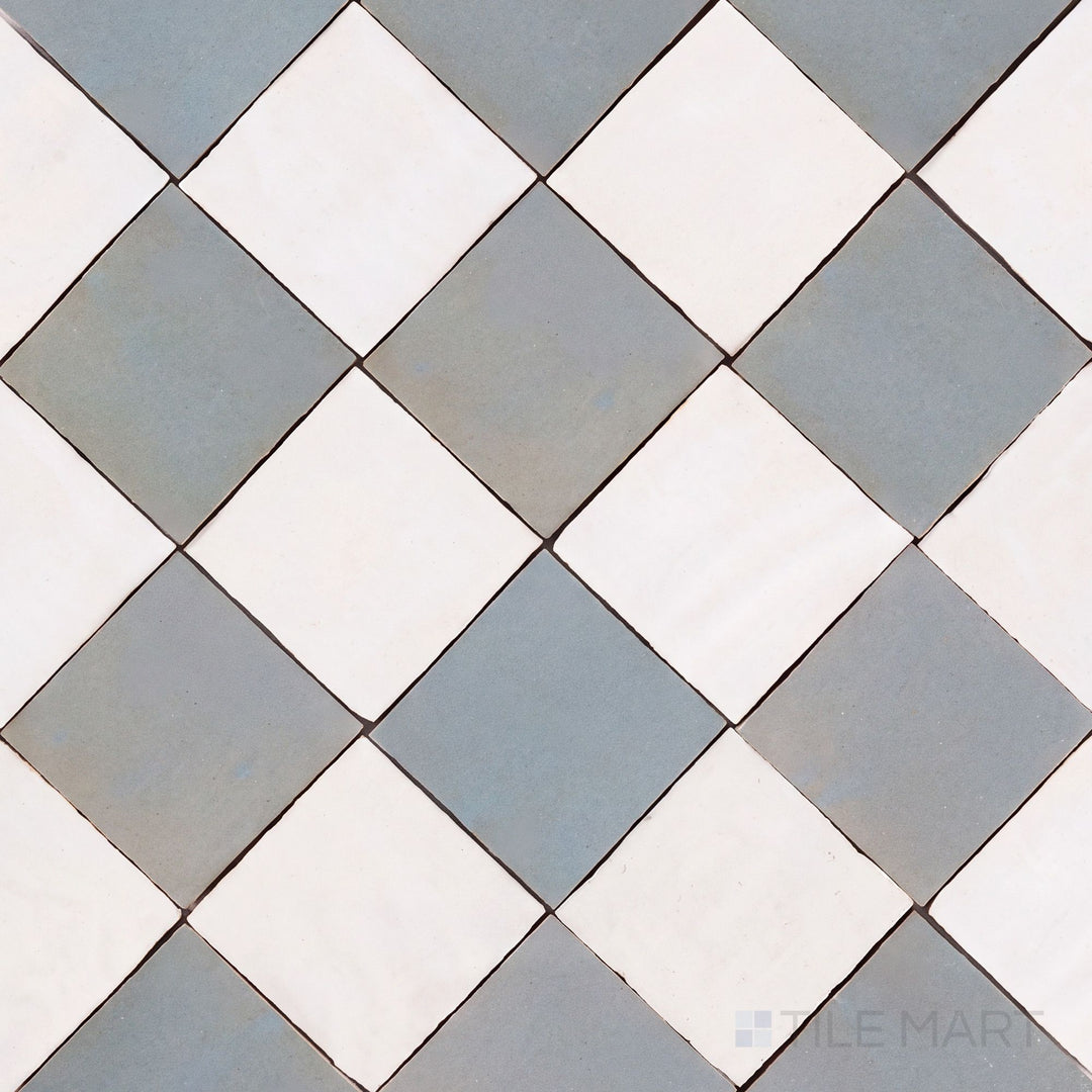 Alternate overview of Zellige Classique checkerboard in Atlas White and Gris Perle, highlighting its artisan glaze depth.