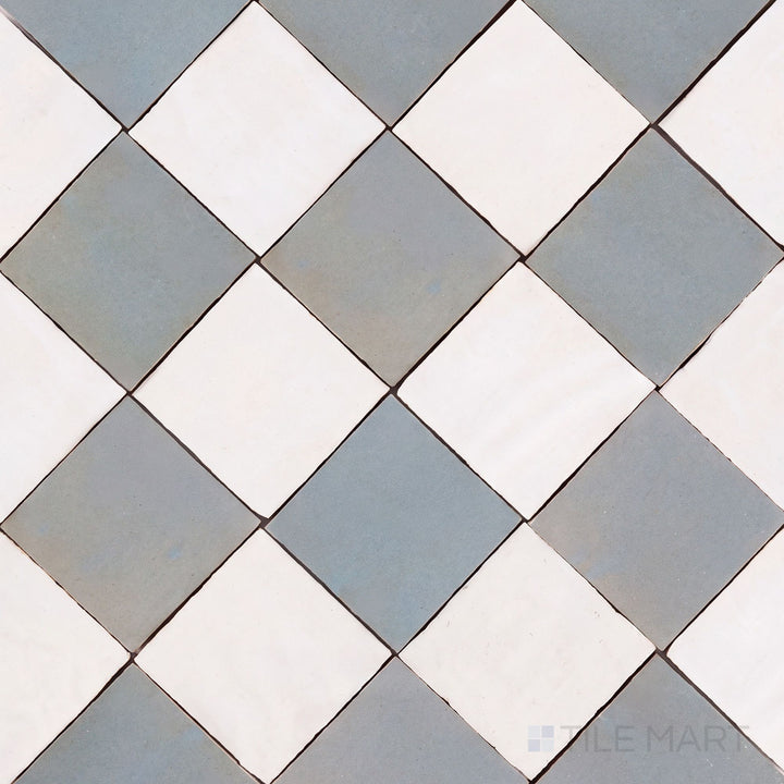 Alternate overview of Zellige Classique checkerboard in Atlas White and Gris Perle, highlighting its artisan glaze depth.