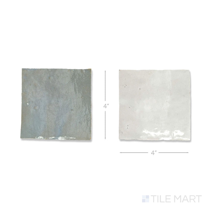 Bird's-eye view of a single Zellige Classique tile in Atlas White and Gris Perle, showing the glossy hand cut glaze up close.