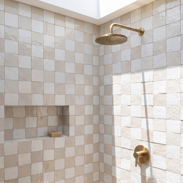 Zellige Classique in Atlas White and Lambswool brings artisan glaze variation and vibrant color to a checkerboard wall.