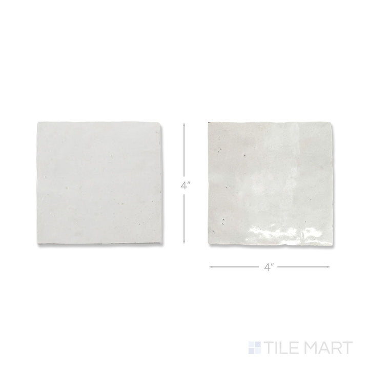 Flat lay of a single Zellige Classique tile in Atlas White and Lambswool, showing the glossy hand cut glaze up close.