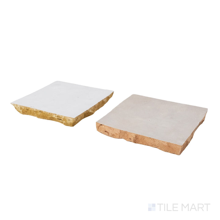 Corner shot of Zellige Classique tile in Atlas White and Lambswool, revealing its hand cut edge and light-catching glaze.