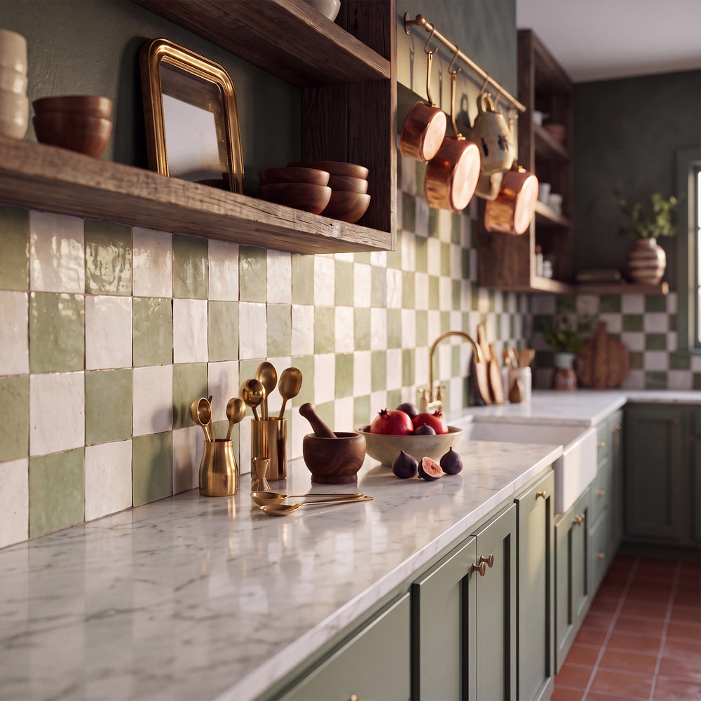 Zellige Classique in Atlas White and Mint Tea brings artisan glaze variation and vibrant color to a checkerboard wall.