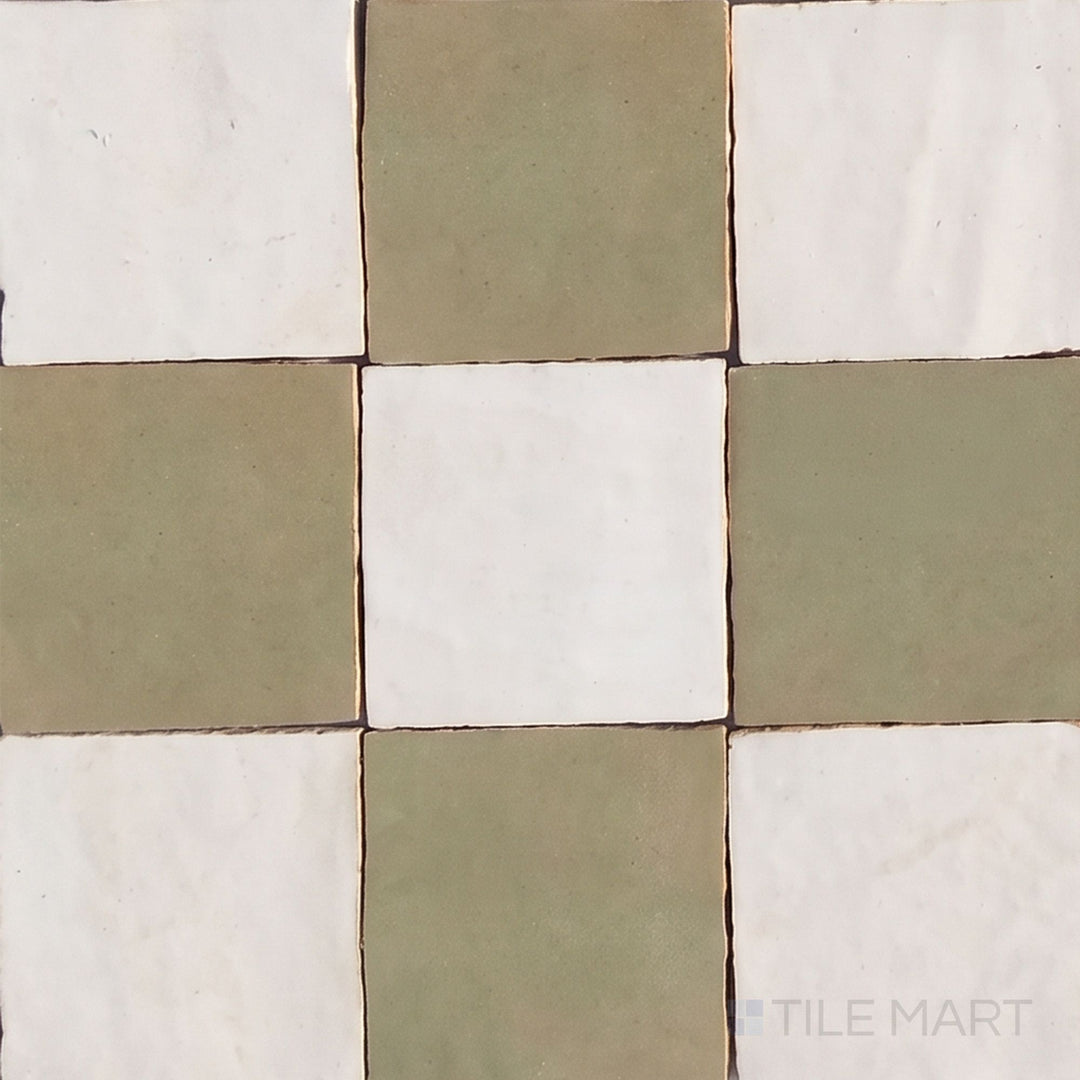 Overview of Zellige Classique 4x4 checkerboard in Atlas White and Mint Tea, showing its hand cut glaze variation.