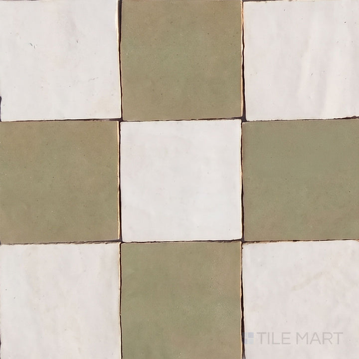 Overview of Zellige Classique 4x4 checkerboard in Atlas White and Mint Tea, showing its hand cut glaze variation.