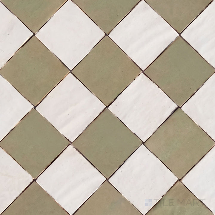 Alternate overview of Zellige Classique checkerboard in Atlas White and Mint Tea, highlighting its artisan glaze depth.