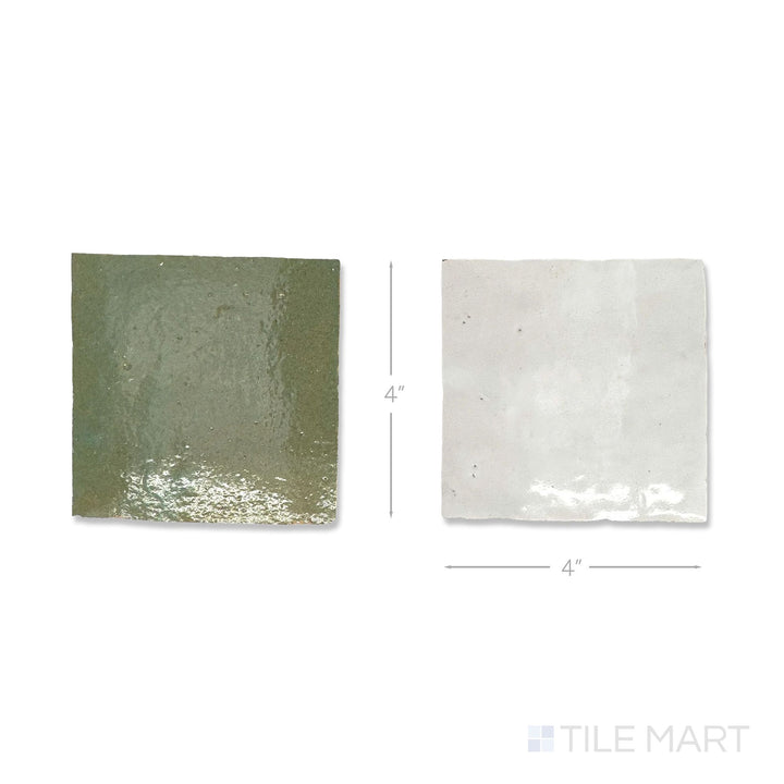 Overhead view of a single Zellige Classique tile in Atlas White and Mint Tea, showing the glossy hand cut glaze up close.
