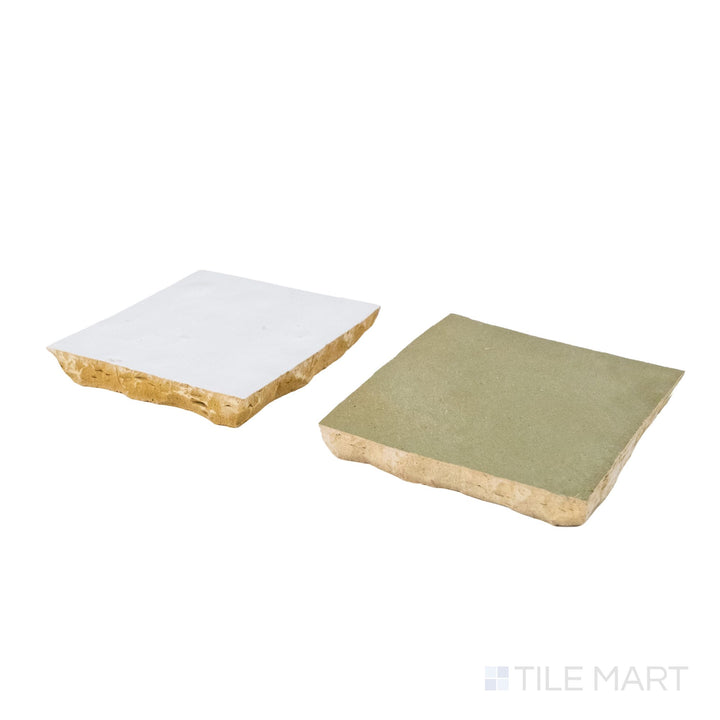 Corner shot of Zellige Classique tile in Atlas White and Mint Tea, revealing its hand cut edge and light-catching glaze.