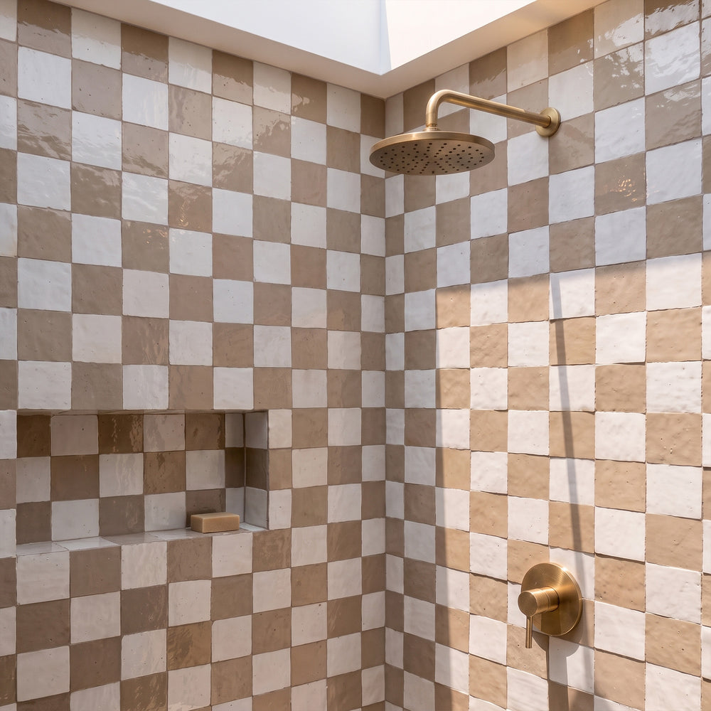 Zellige Classique in Atlas White and Sahara Rose brings artisan glaze variation and vibrant color to a checkerboard wall.