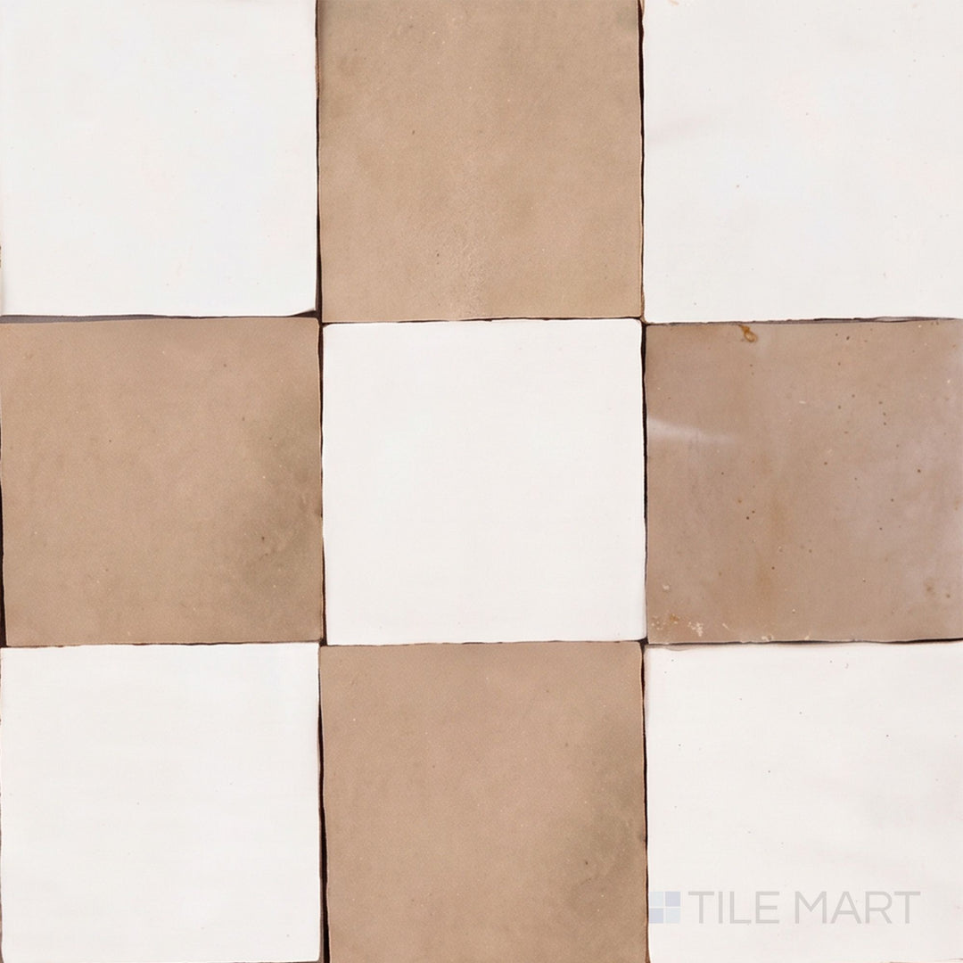 Overview of Zellige Classique 4x4 checkerboard in Atlas White and Sahara Rose, showing its hand cut glaze variation.