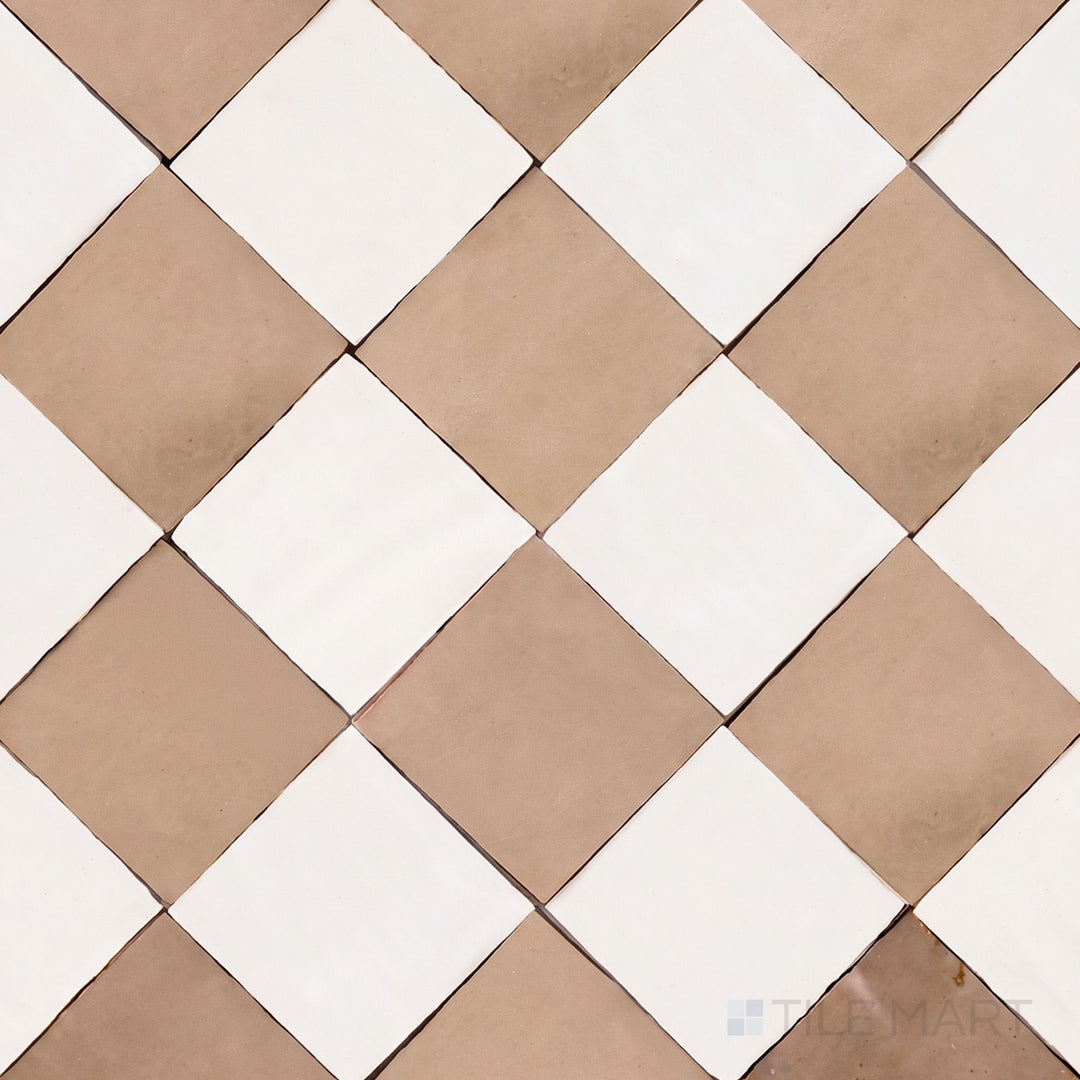 Alternate overview of Zellige Classique checkerboard in Atlas White and Sahara Rose, highlighting its artisan glaze depth.